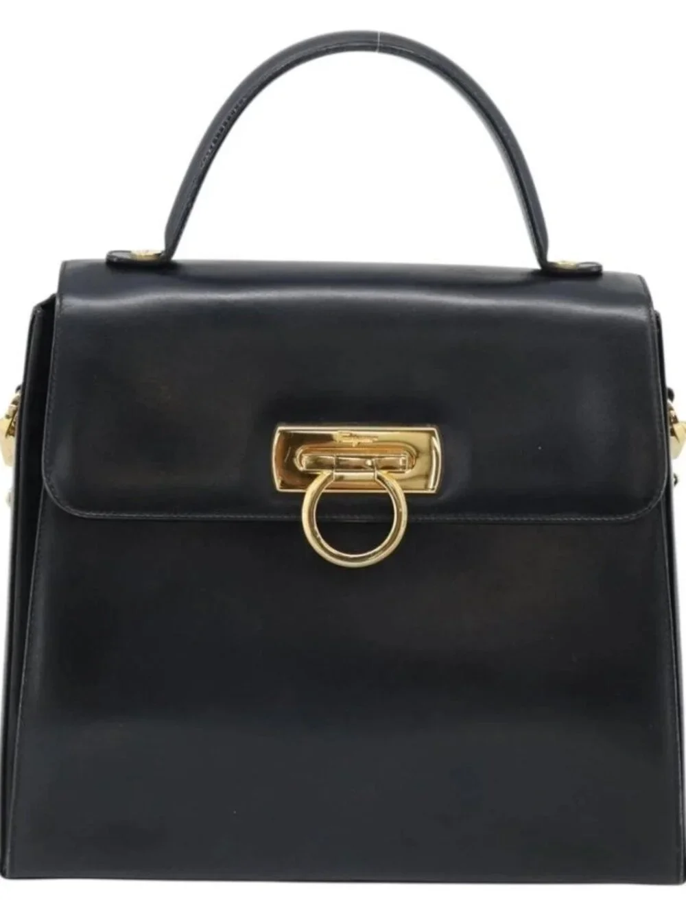 Salvatore Ferragamo Gancini Hand Bag Leather 2way Black Gold Auth 186374